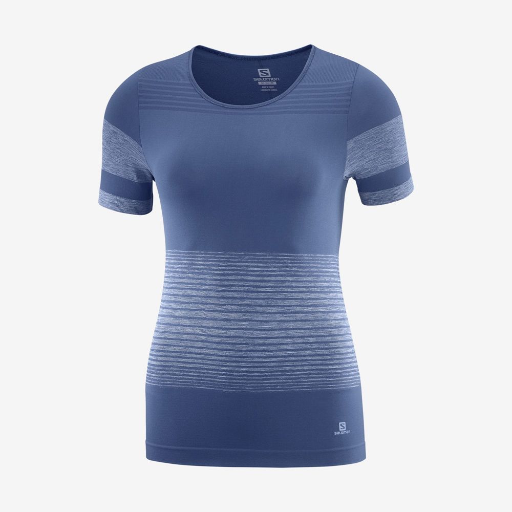 Salomon Singapore Womens T-shirts - ESSENTIAL MOVE ON SEAMLESS Dark Denim | 06749-NDHP